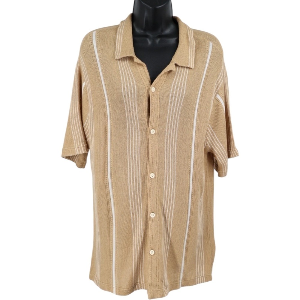 Tan Camel Cream Stripe Knit Polo Sweater Short Sleeve Button American Eagle M